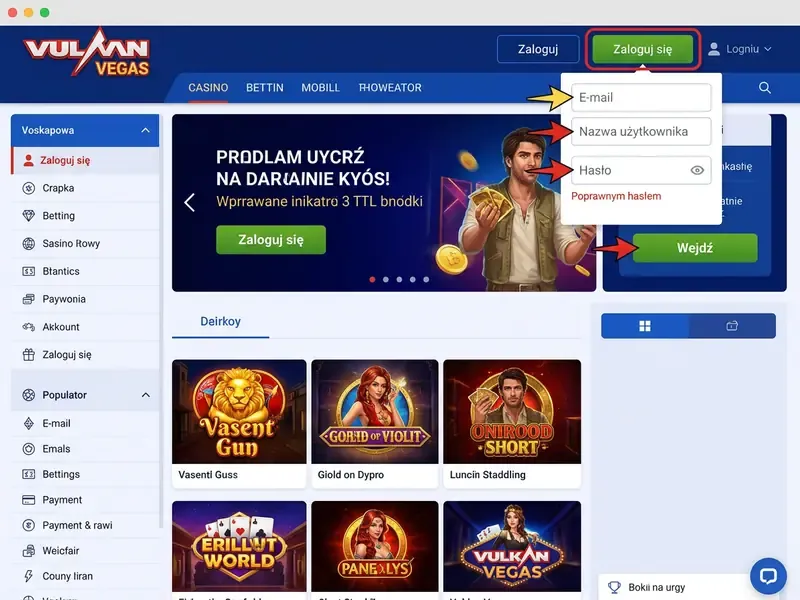 Formularz vulkan vegas login — lokalizacja przycisku logowania na stronie głównej